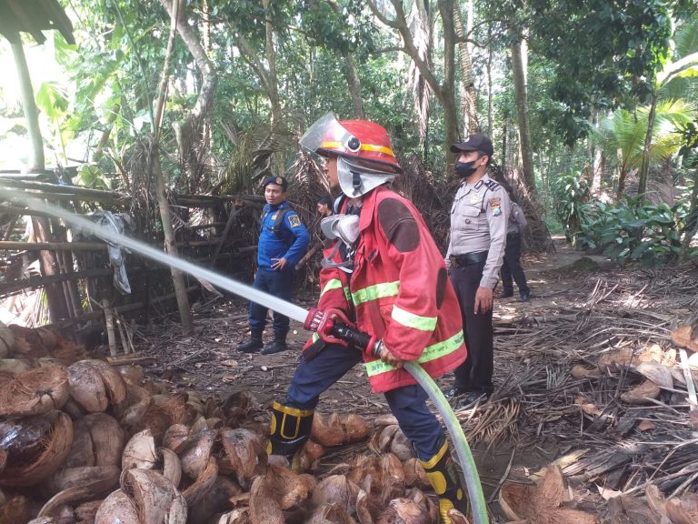 POLSEK SANANKULON BERSAMA WARGA SEKITAR MEMBANTU MEMADAMKAN KEBAKARAN GUDANG SERABUT KELAPA MILIK WARGA DESA SUMBERINGIN