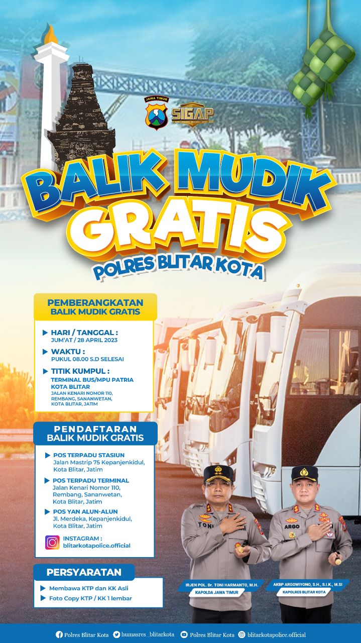 Polres Blitar Kota Siapkan Program Balik Mudik Gratis Tujuan Jakarta Dan Surabaya, Ini Syaratnya