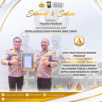 Polres Nganjuk Terima Penghargaan Pelayanan Publik Lingkup Polri Tahun 2023 Tingkat Polda Jatim