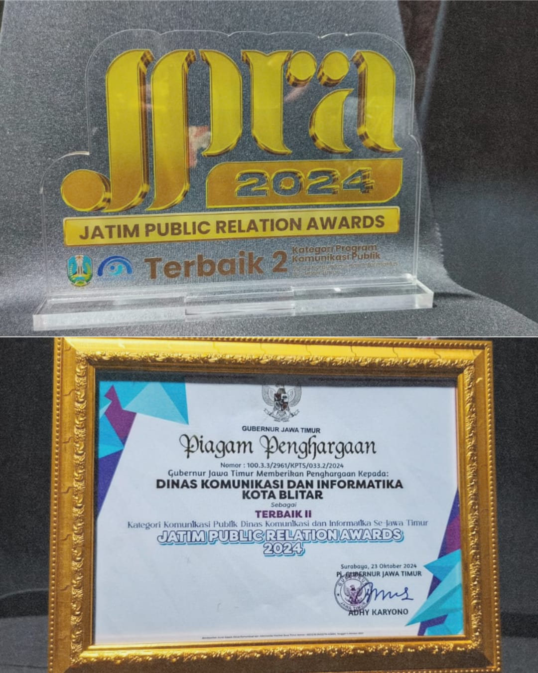 KOTA BLITAR RAIH PENGHARGAAN TERBAIK KEDUA PROGRAM KOMUNIKASI PUBLIK DI JATIM PUBLIC RELATION AWARDS (JPRA) 2024