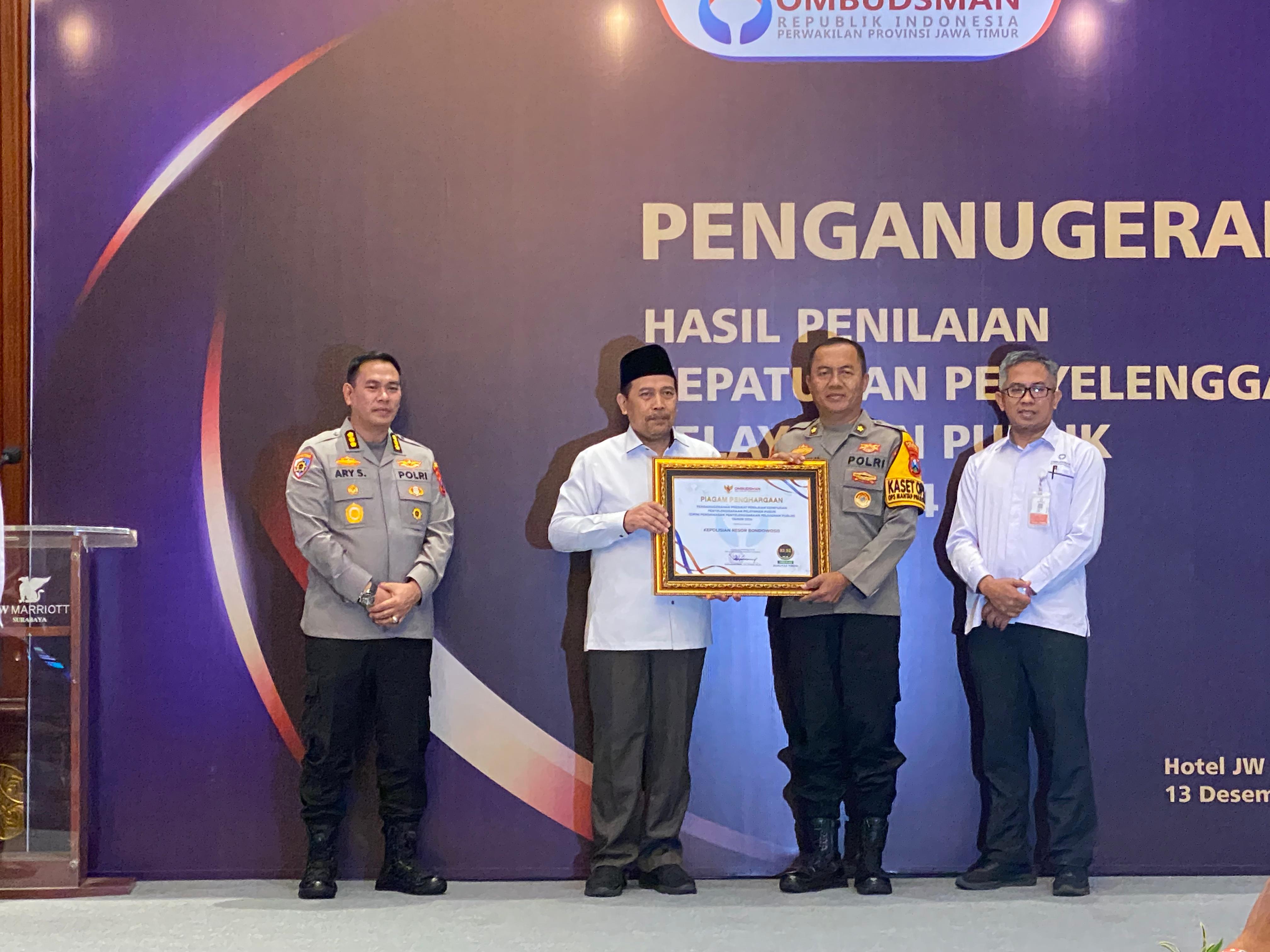 Polres Bondowoso Raih Penghargaan dari Ombudsman RI