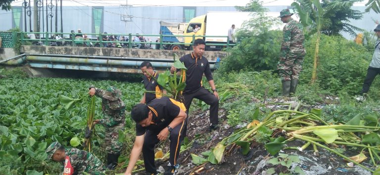 Cegah Banjir Polisi bersama TNI Bersihkan Sampah dan Enceng Gondok di Sungai Gebang Sidoarjo