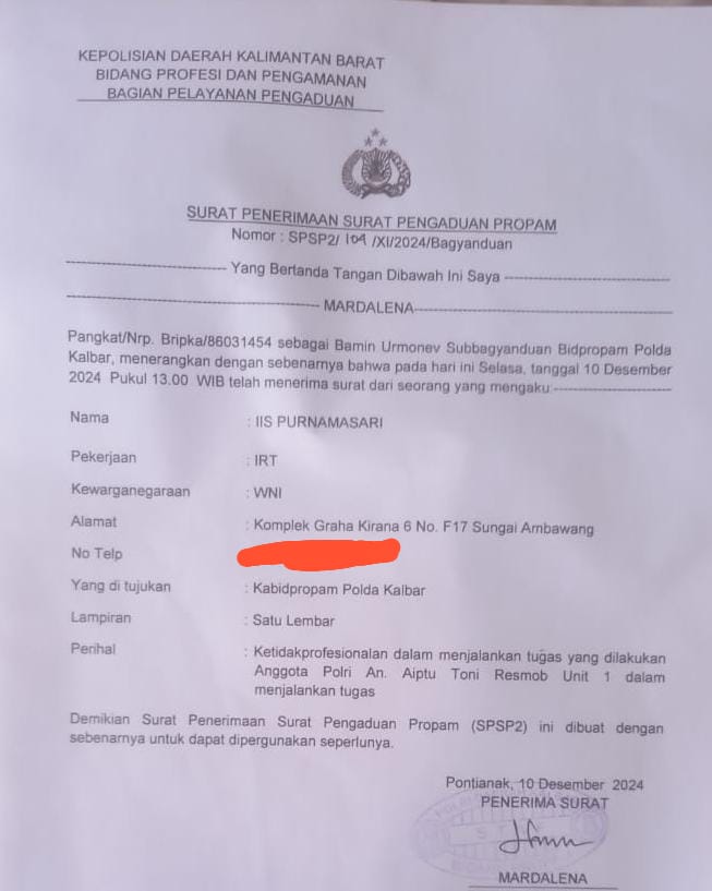 Di duga laporan di Paminal Polda Kalbar jalan di tempat ibu Iis Purnamasari meminta awak media MHI perwakilan Kalbar menyampaikan ke Kadiv propam mabes polri terkait oknum anggota polda kalbar berinisial TS